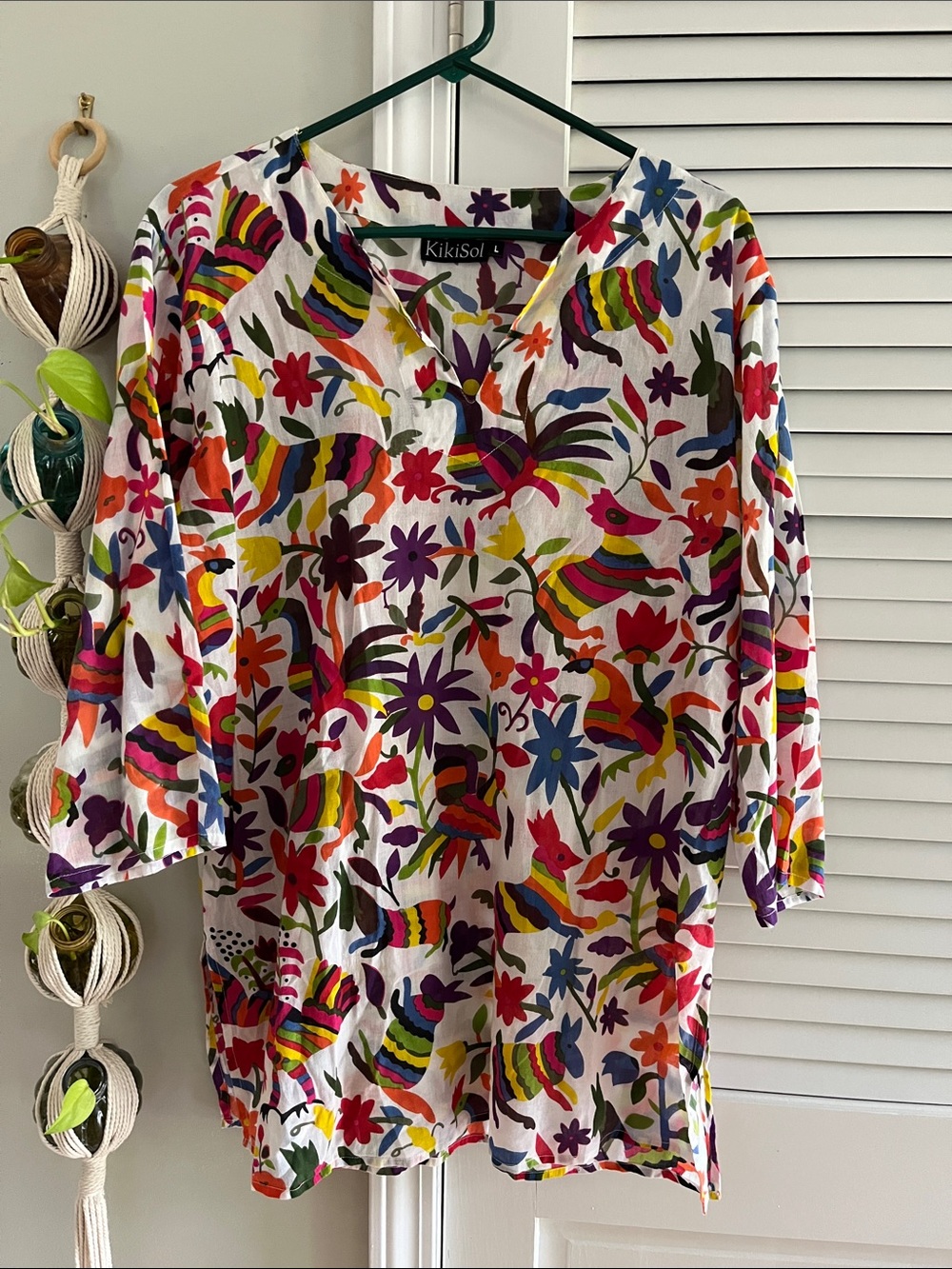 KikiSol White Multicolor Floral & Bird Tunic Top